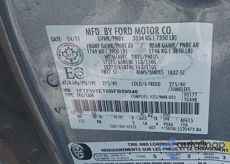 2011 Ford F-150 Fx4 from USA, damaged, VIN 1FTFW1ET6BFB59946